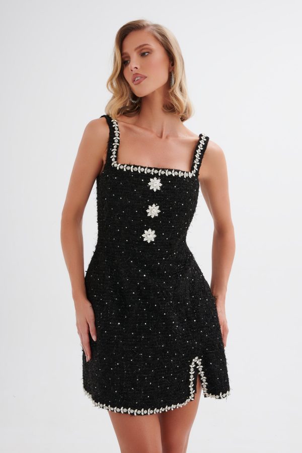 ZOEY Embellished Boucle Tulip Mini Dress in Black - Image 2