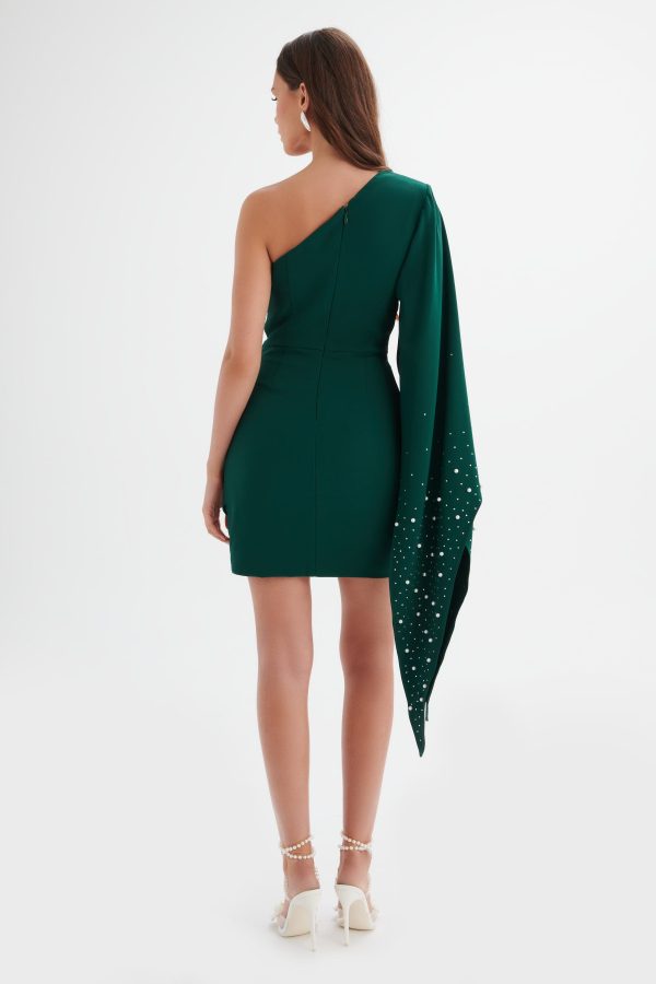 REMI One Shoulder Embellished Cape Mini Dress in Emerald Green - Image 4
