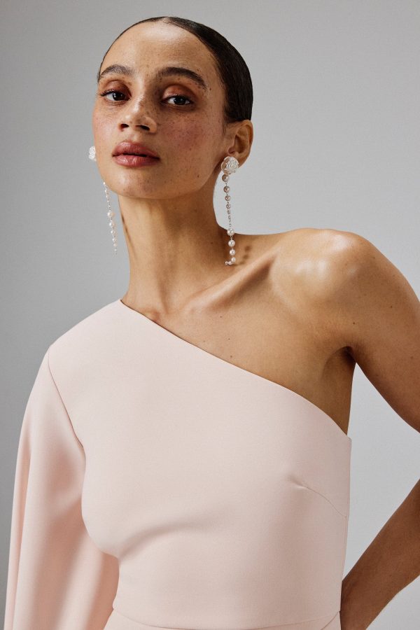REMI One Shoulder Embellished Cape Mini Dress in Blush Pink - Image 4