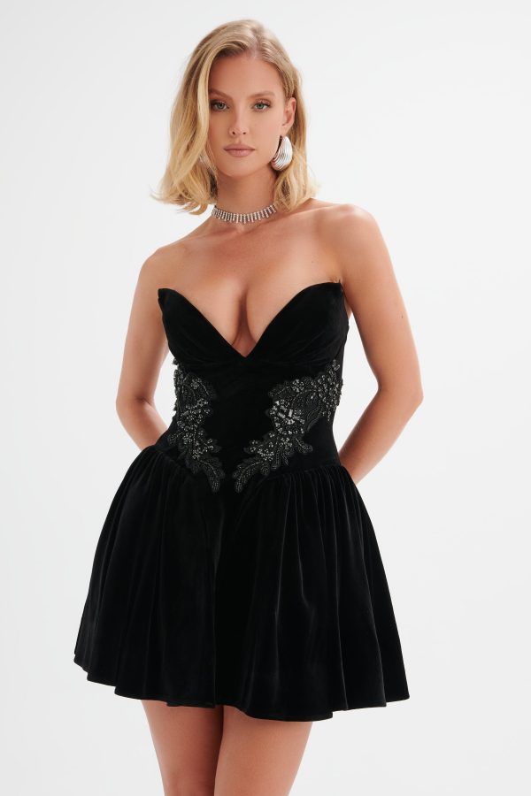 SELENA Jewelled Applique Velvet Mini Dress in Black - Image 3