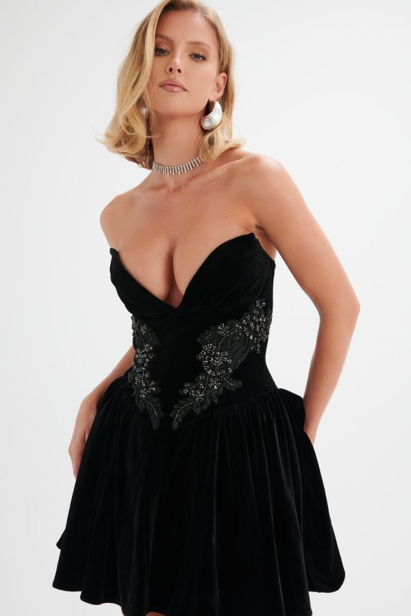 SELENA Jewelled Applique Velvet Mini Dress in Black - Image 4