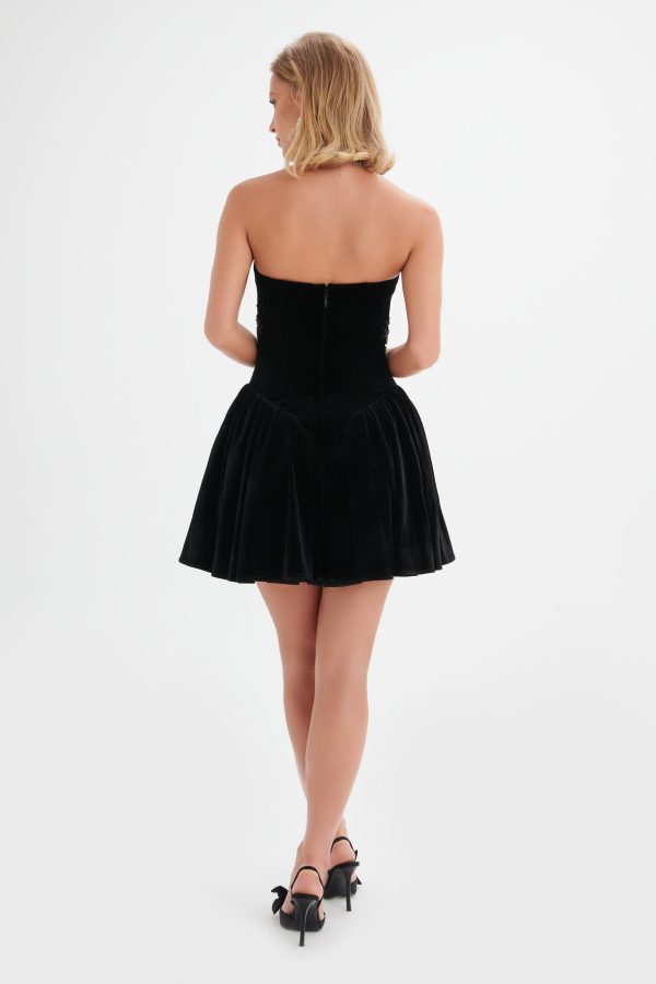 SELENA Jewelled Applique Velvet Mini Dress in Black - Image 5