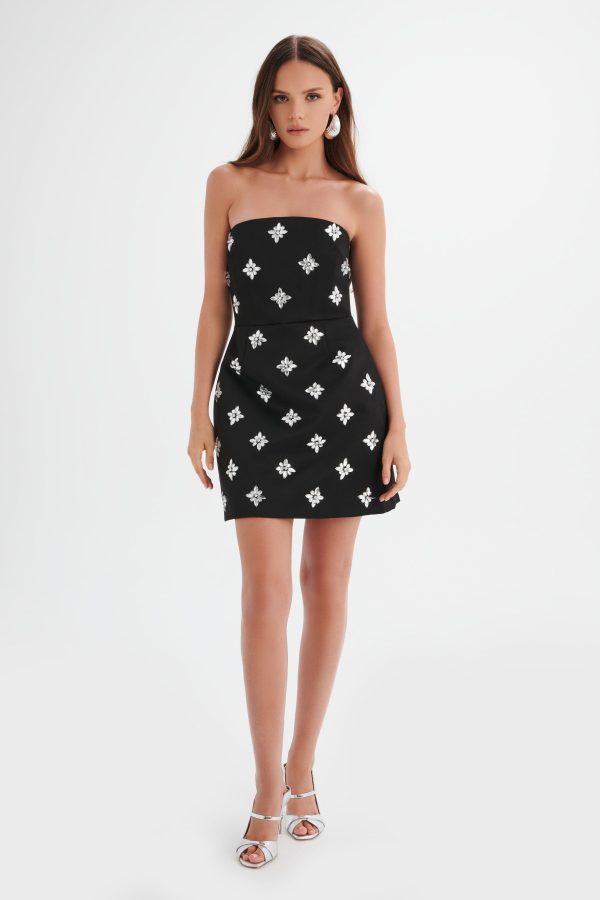 ANNABELLE Embellished Satin Mini Dress in Black - Image 4