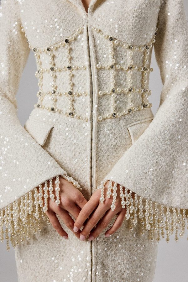 CLARA Pearl Embellished Mini Boucle Blazer Dress in Beige - Image 2