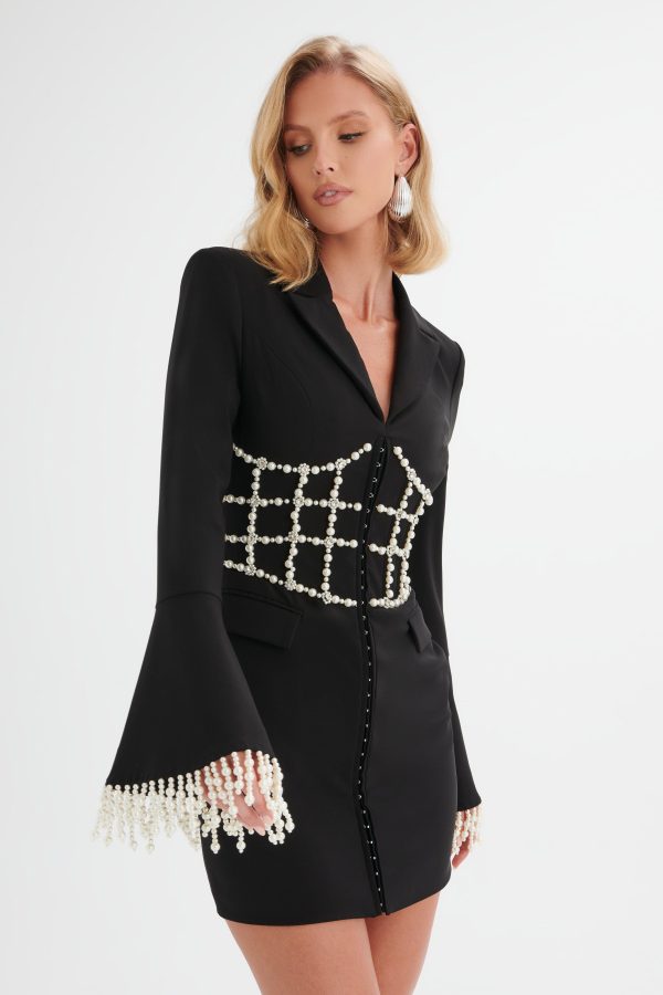 CLARA Pearl Embellished Mini Blazer Dress in Black - Image 3