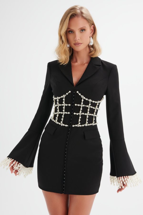 CLARA Pearl Embellished Mini Blazer Dress in Black - Image 5
