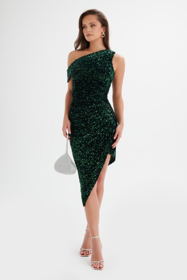 NOELE Velvet Sequin Off Shoulder Wrap Midi Dress in Emerald Green - Image 3