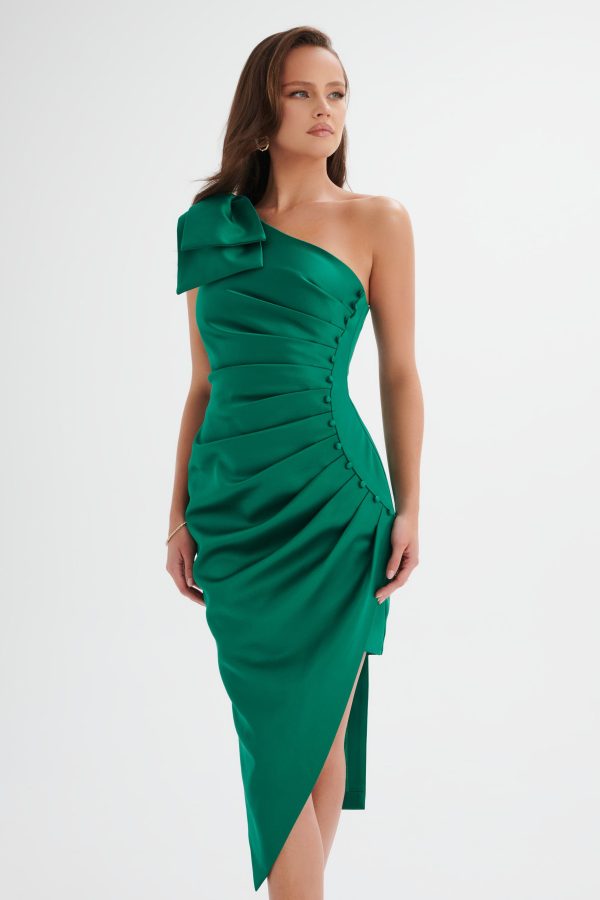 HOLLY Bonded Satin Bow Shoulder Wrap Midi Dress in Emerald Green - Image 2