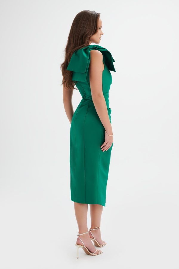 HOLLY Bonded Satin Bow Shoulder Wrap Midi Dress in Emerald Green - Image 3