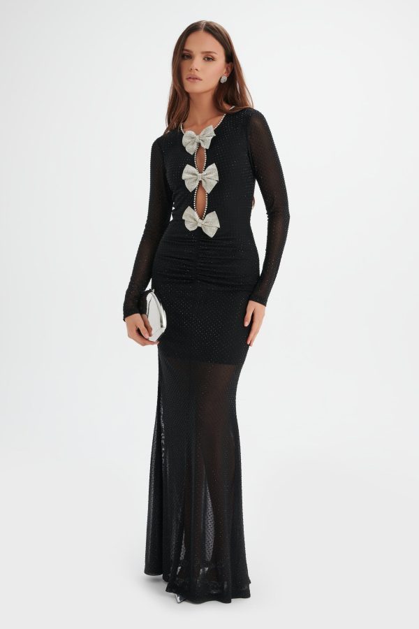 VERITY Rhinestone Embellished Mesh Maxi Dress in Black - Image 2