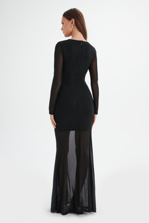 VERITY Rhinestone Embellished Mesh Maxi Dress in Black - Image 5