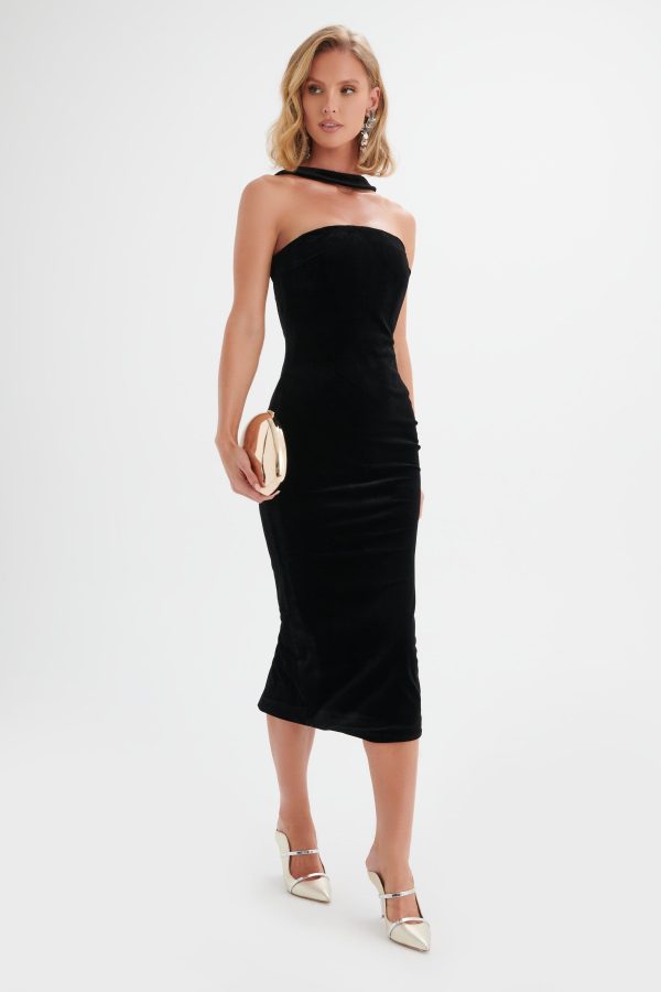 AMBER High Neck Bandeau Velvet Midi Dress in Black - Image 2