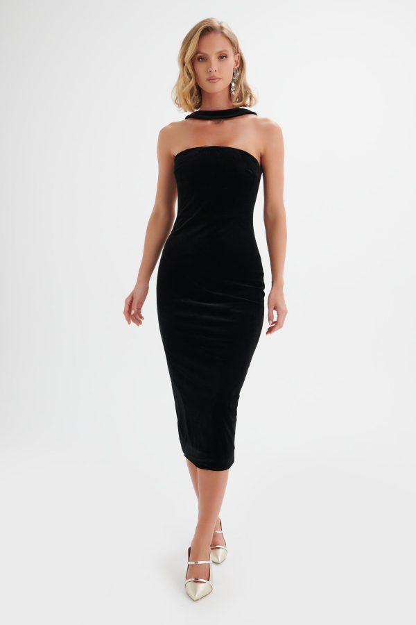 AMBER High Neck Bandeau Velvet Midi Dress in Black - Image 5