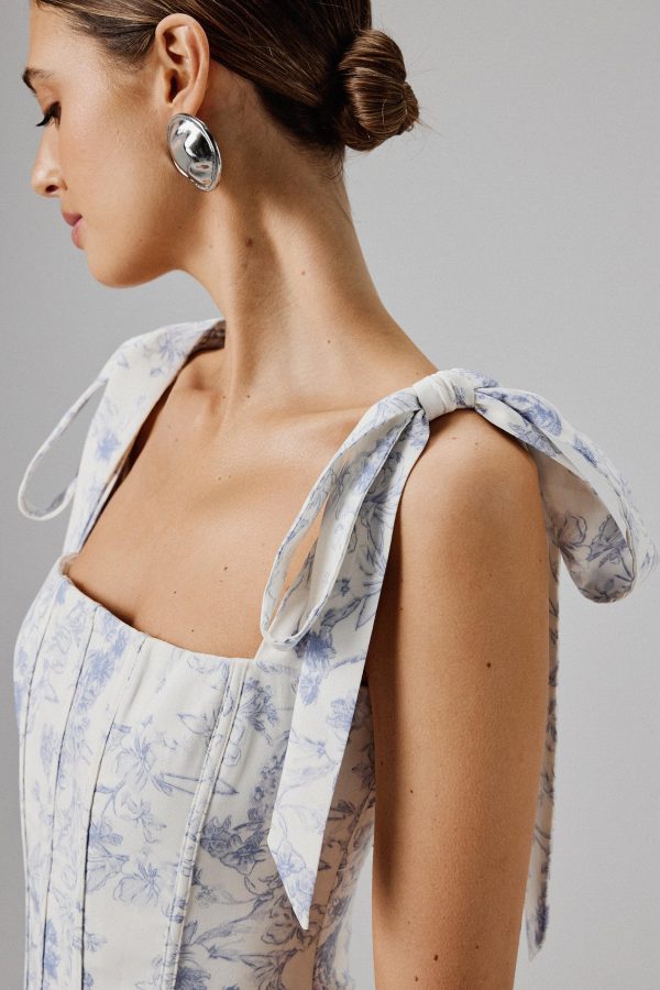 JULIETTE Tie Shoulder Bubble Hem Mini Dress in Blue Porcelain - Image 2