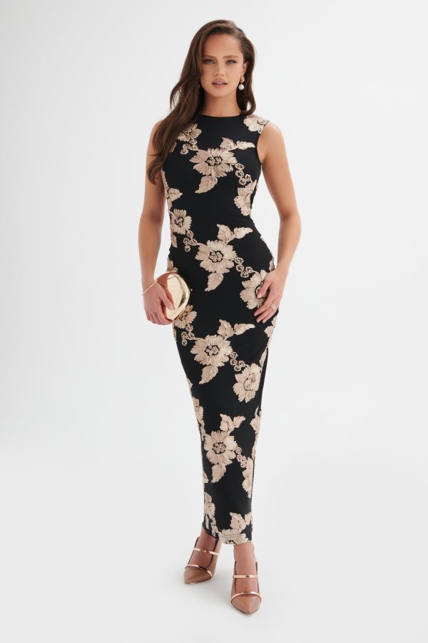 MABEL Floral Satin Applique Longline Mesh Dress in Black - Image 3