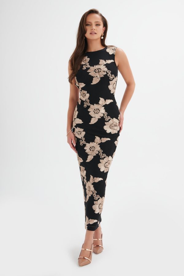 MABEL Floral Satin Applique Longline Mesh Dress in Black - Image 5
