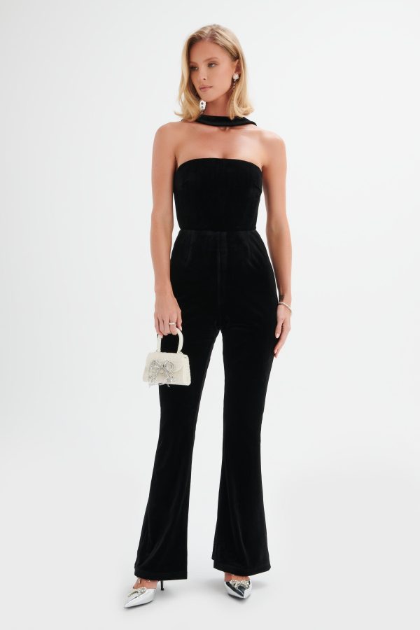HAZEL High Neck Velvet Jumpsuit in Black - Image 2