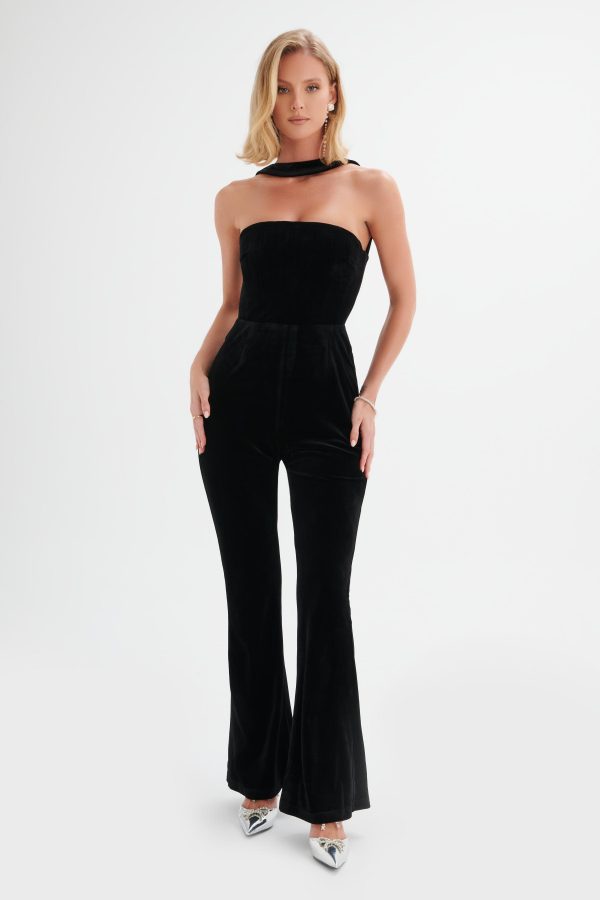 HAZEL High Neck Velvet Jumpsuit in Black - Image 3