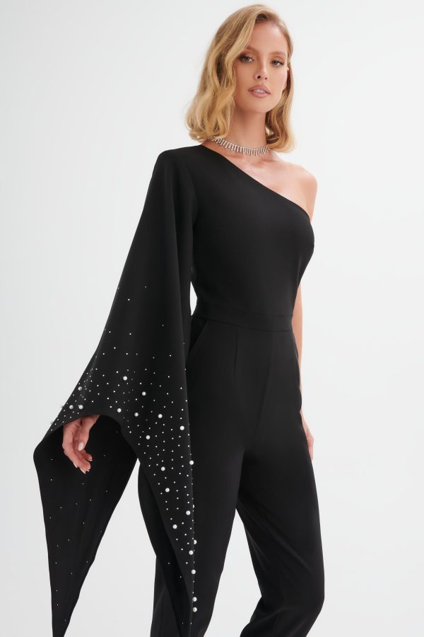 KADY Ombre Embellished One Shoulder Jumpsuit in Black - Image 3