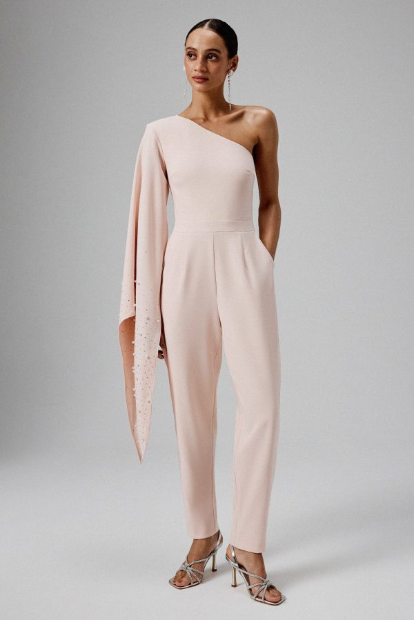 KADY Ombre Embellished One Shoulder Jumpsuit in Blush Pink - Image 3