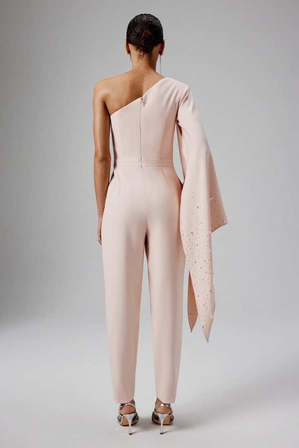 KADY Ombre Embellished One Shoulder Jumpsuit in Blush Pink - Image 4