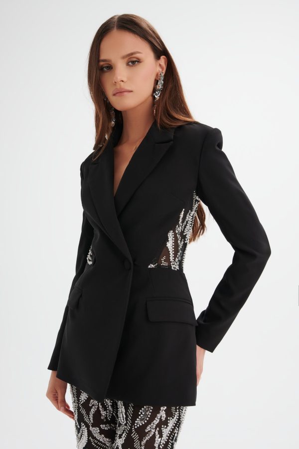 LEXY Embellished Mesh Back Blazer in Black - Image 2