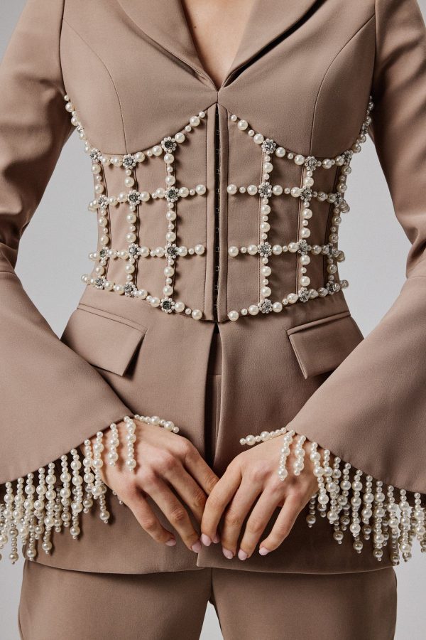CELESTE Pearl Embellished Blazer in Mushroom - Image 2