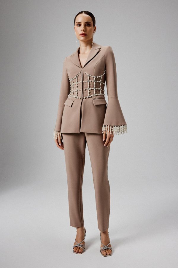 CELESTE Pearl Embellished Blazer in Mushroom - Image 3