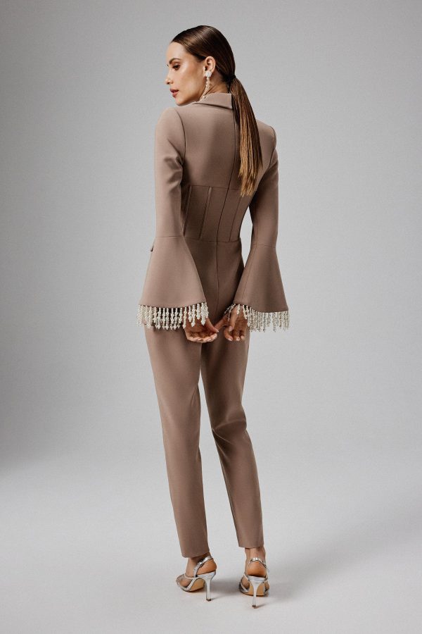 CELESTE Pearl Embellished Blazer in Mushroom - Image 4