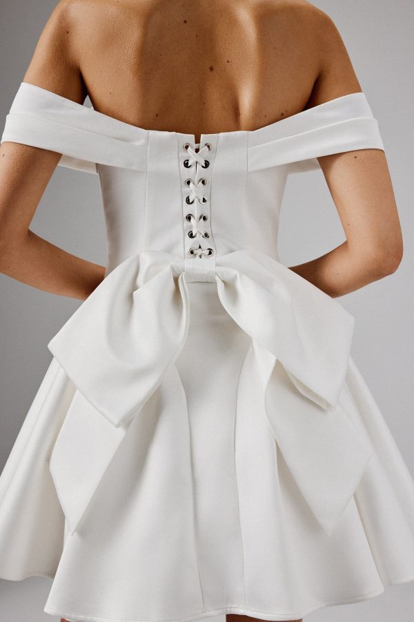 ORLY Off Shoulder Volume Flared Mini Dress in White - Image 2