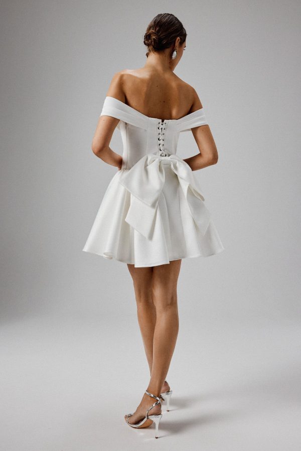 ORLY Off Shoulder Volume Flared Mini Dress in White - Image 4