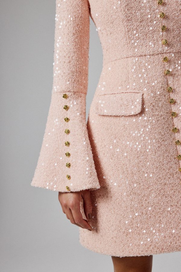 BELLA Sequin Boucle Micro Rose Button Mini Dress in Pink - Image 2