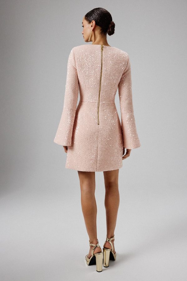 BELLA Sequin Boucle Micro Rose Button Mini Dress in Pink - Image 5