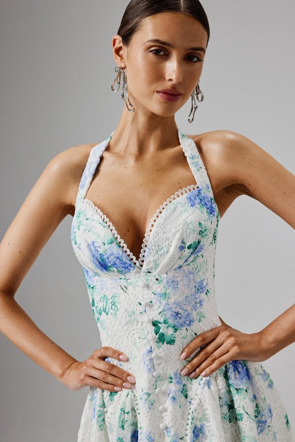 CARA Micro Button and Loop Detail Volume Flared Mini Dress in Floral Broderie - Image 2