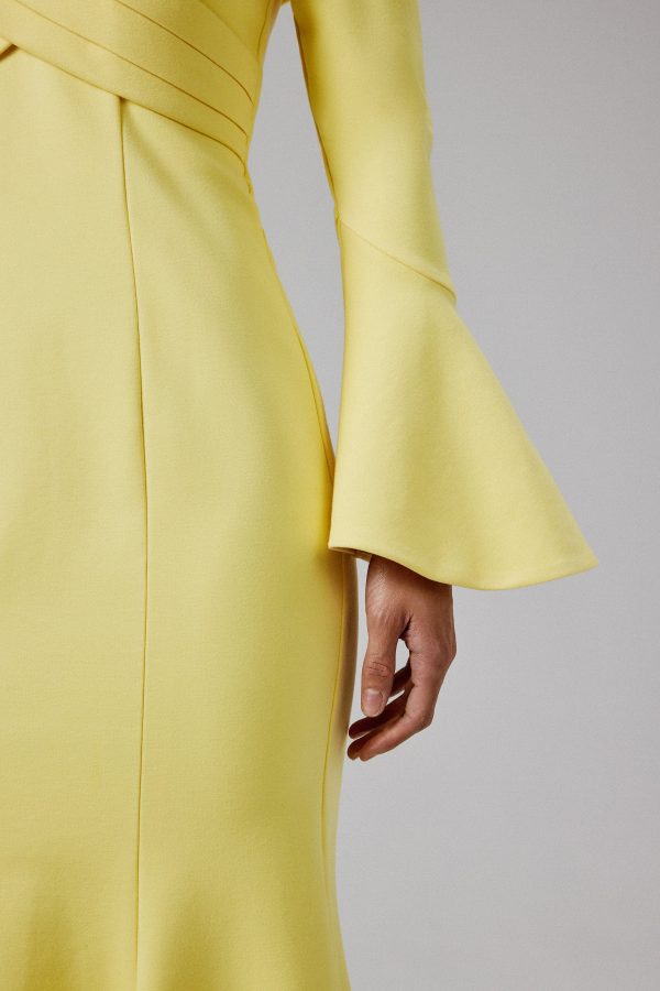 AMELIA Ponte Off Shoulder Fluted Sleeve Midi Dress in Yellow - Image 2