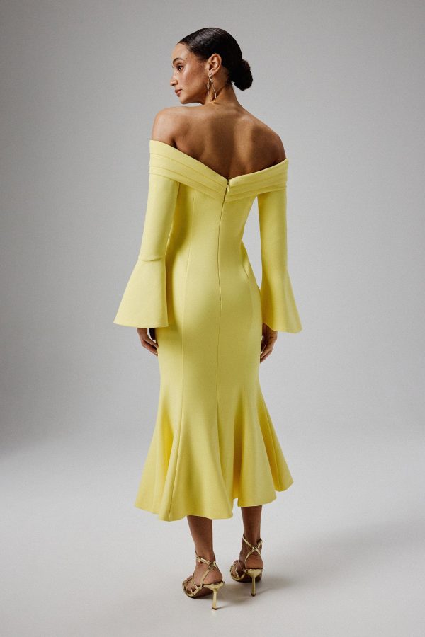 AMELIA Ponte Off Shoulder Fluted Sleeve Midi Dress in Yellow - Image 3