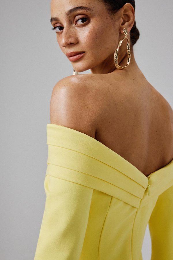 AMELIA Ponte Off Shoulder Fluted Sleeve Midi Dress in Yellow - Image 4