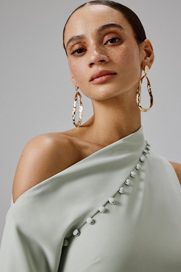 MADDIE Asymmetric Split Shoulder Midi Dress in Sage Green - Image 2