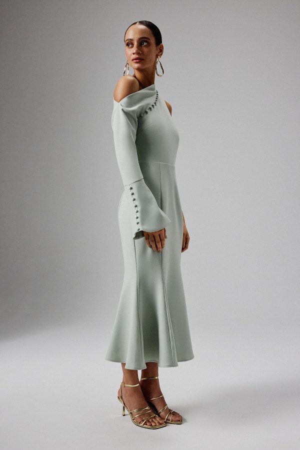 MADDIE Asymmetric Split Shoulder Midi Dress in Sage Green - Image 3