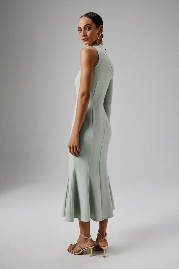 MADDIE Asymmetric Split Shoulder Midi Dress in Sage Green - Image 4