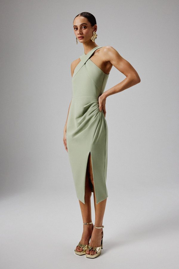 LENA Wrap Halterneck Midi Dress in Sage Green - Image 3