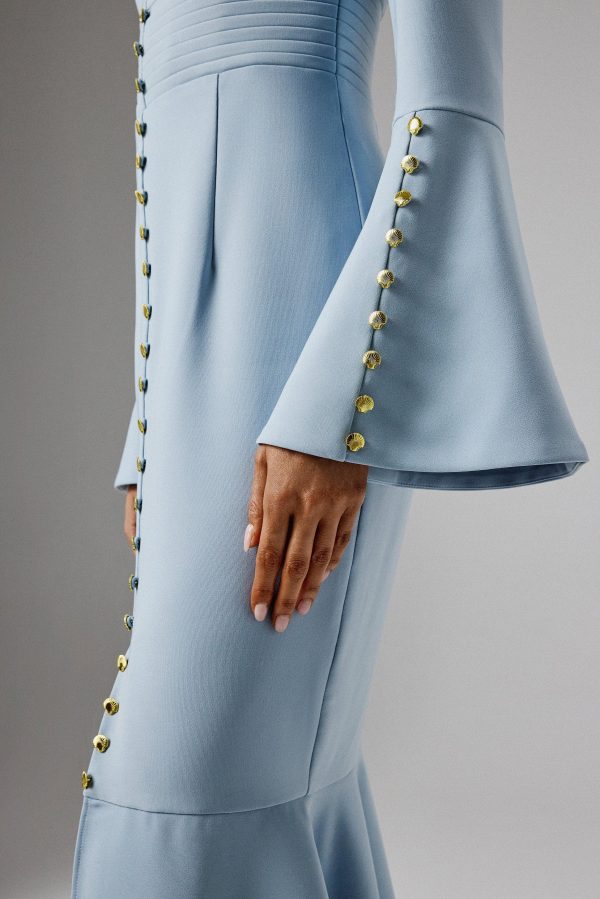 SERENA Fluted Sleeve Micro Shell Button Midi Dress in Light Blue - Image 2