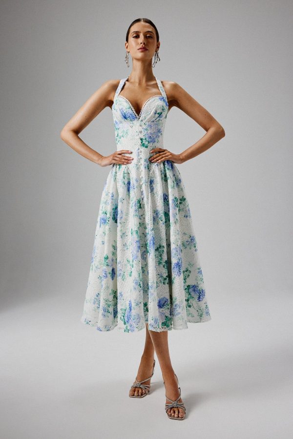 HALEY Micro Button and Loop Detail Volume Flared Midi Dress in Floral Broderie - Image 2