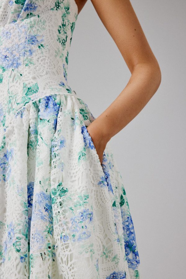 HALEY Micro Button and Loop Detail Volume Flared Midi Dress in Floral Broderie - Image 3