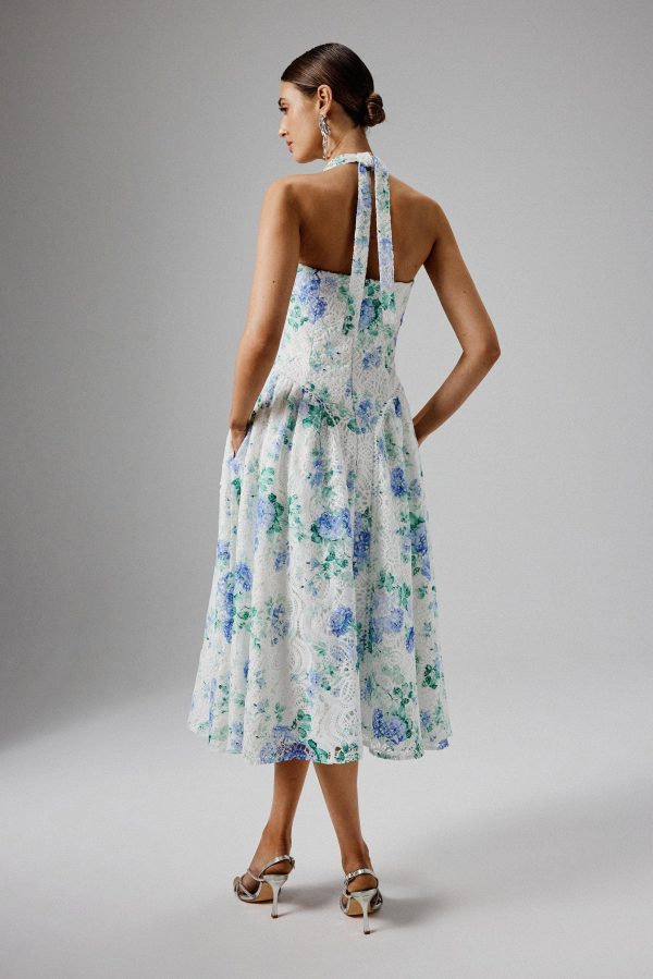HALEY Micro Button and Loop Detail Volume Flared Midi Dress in Floral Broderie - Image 4