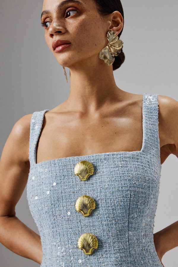 MARIE Square Neck Boucle Midi Dress with Shell Embellishment in Blue - Image 2