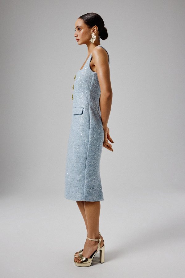 MARIE Square Neck Boucle Midi Dress with Shell Embellishment in Blue - Image 3