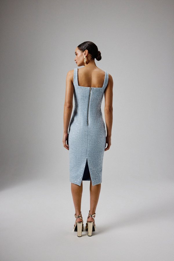 MARIE Square Neck Boucle Midi Dress with Shell Embellishment in Blue - Image 4
