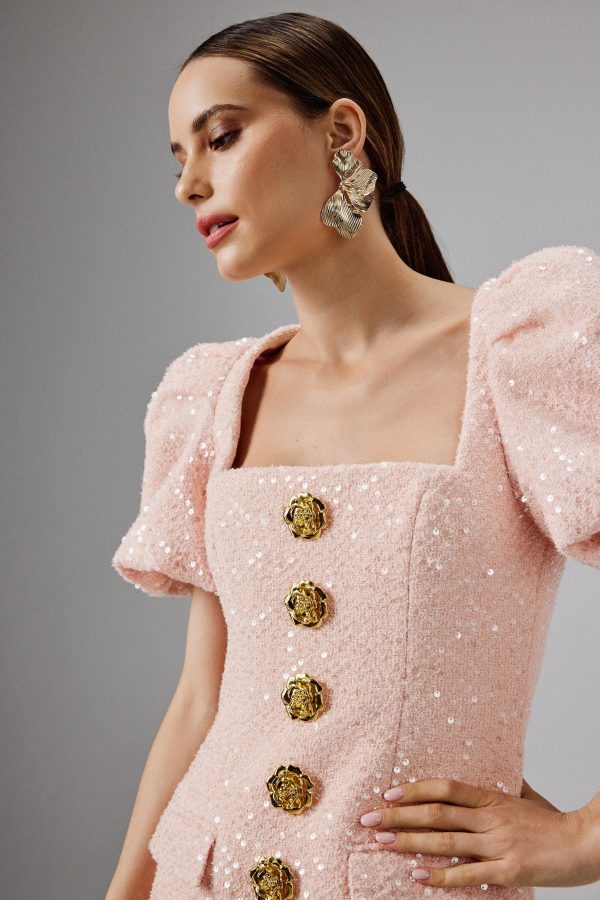 GABI Puff Sleeve Boucle Midi Dress with Rose Embellishment in Pink - Image 2
