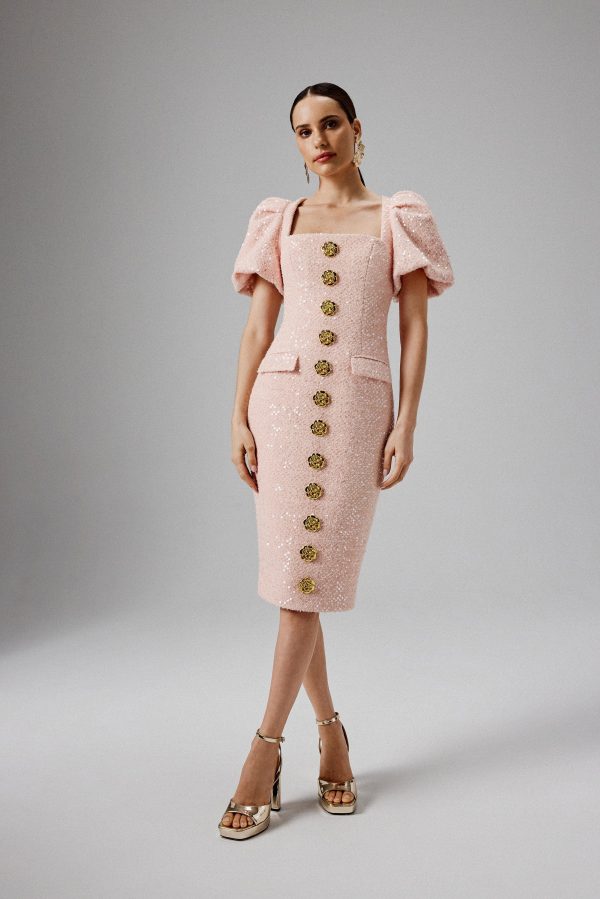 GABI Puff Sleeve Boucle Midi Dress with Rose Embellishment in Pink - Image 3